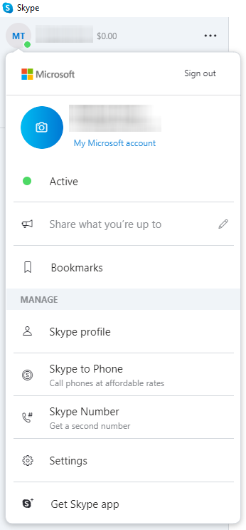 Skype menu